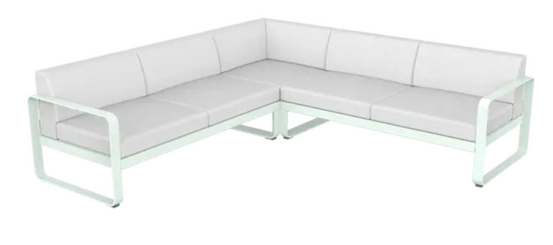 Load image into Gallery viewer, Fermob Bellevie Composition 2 outdoor sofa set in ice mint and off white with modular lounge pieces and cushions.
