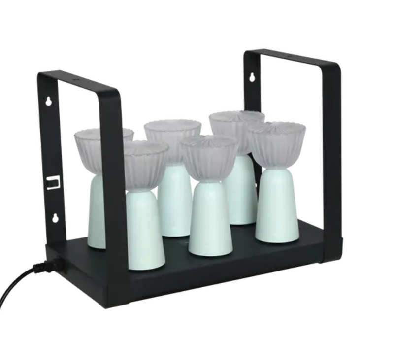 Load image into Gallery viewer, Set of six Fermob Swing lamps in ice mint color with a charging tray, rechargeable outdoor lighting for patio or garden.
