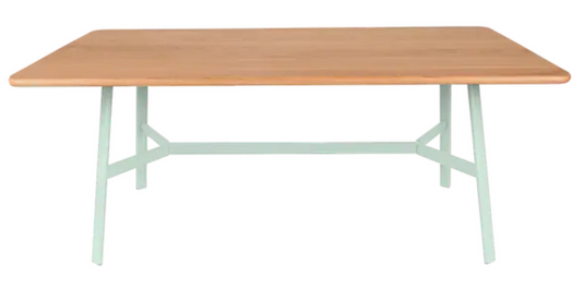 Fermob SO'O 180x90 cm oak dining table with six seats, showcasing a sleek ice mint finish and sturdy wooden design.