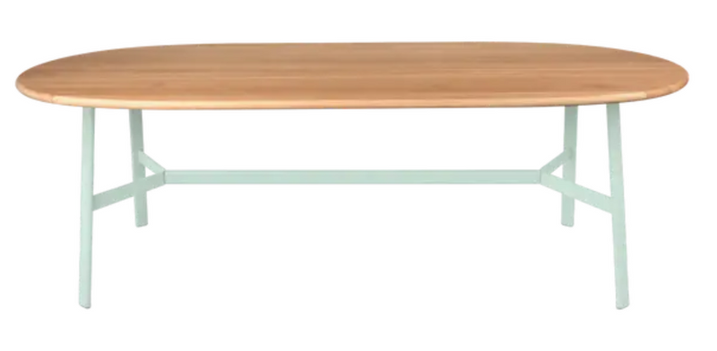 Load image into Gallery viewer, Fermob SO'O Oval 220x95 cm oak dining table with 8 seats, solid wood construction, in ice mint color.
