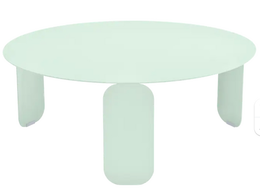 Fermob Bebop Low Table Ø80cm in Ice Mint finish, round outdoor coffee table with anthracite accents and modern design.