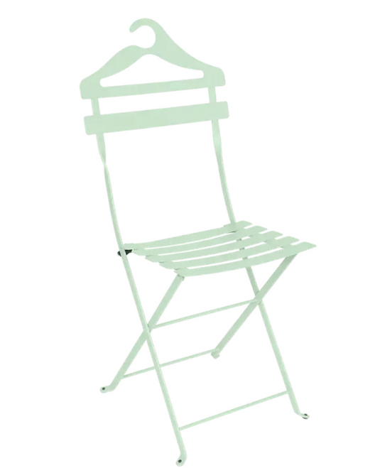 Ice mint Fermob Bistro Valet folding metal chair hanging and foldable, ideal for stylish outdoor or indoor seating.