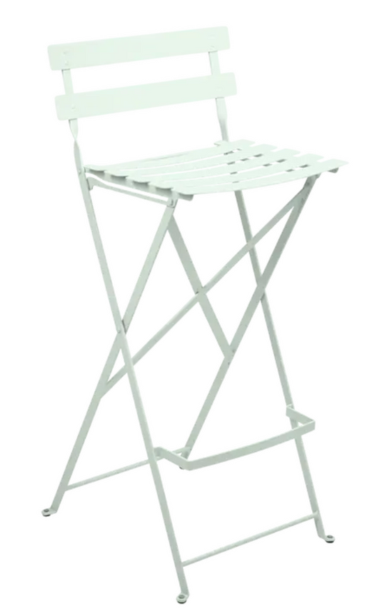 Ice mint Fermob Bistro high bar stool with foldable design, outdoor-friendly seating for patio or bar areas.