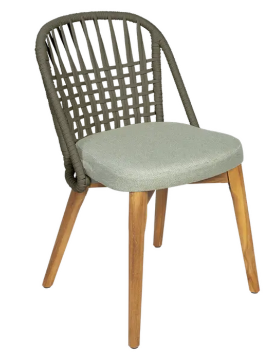 Fermob GORDES luxury teak outdoor chair with khaki Straciatella finish and rope backrest, perfect for stylish outdoor dining.