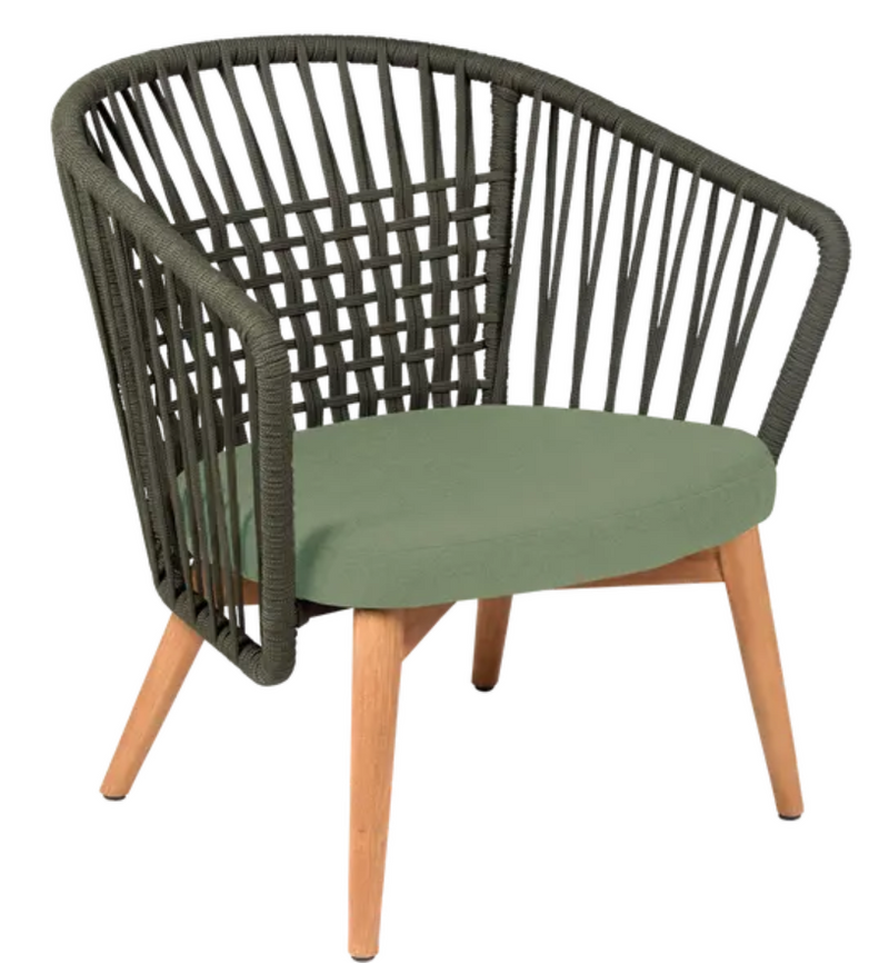 Load image into Gallery viewer, Outdoor GORDES teak armchair with khaki, almond, and green cushions, featuring a teak wood frame and rope detailing for comfortable lounging.
