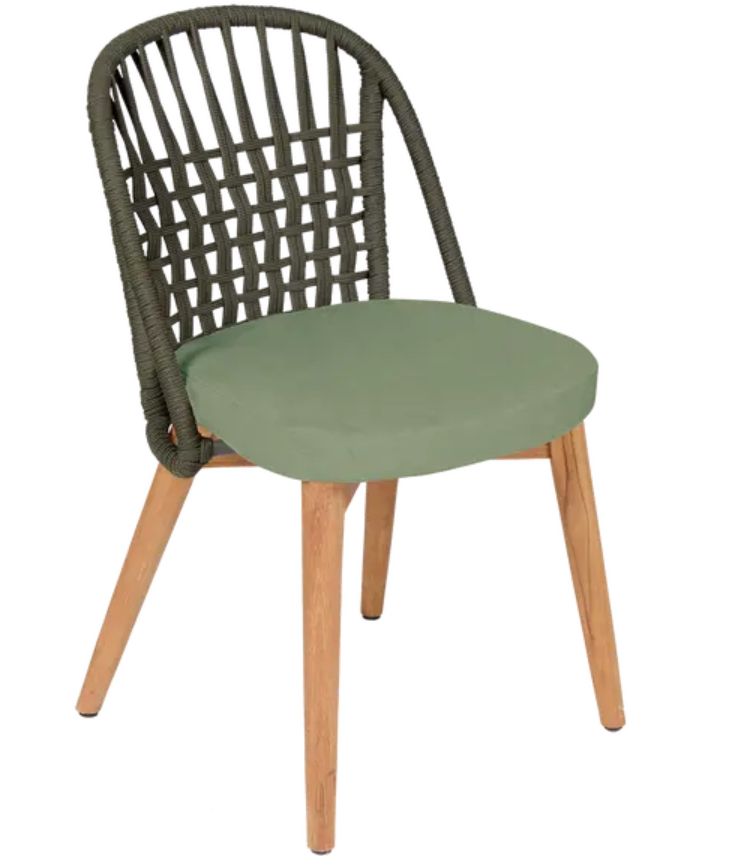 Load image into Gallery viewer, Fermob GORDES luxury teak outdoor chair with khaki, almond, and green cushions, rope backrest, ideal for restaurant patios.
