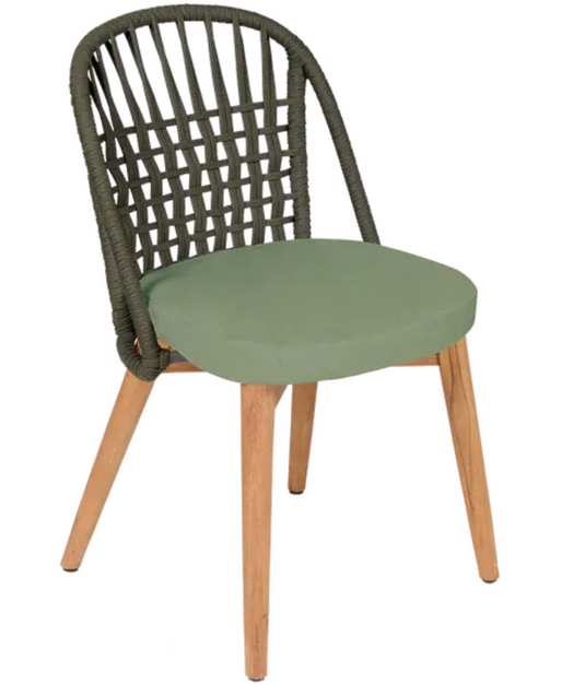 Fermob GORDES luxury teak outdoor chair with khaki, almond, and green cushions, rope backrest, ideal for restaurant patios.