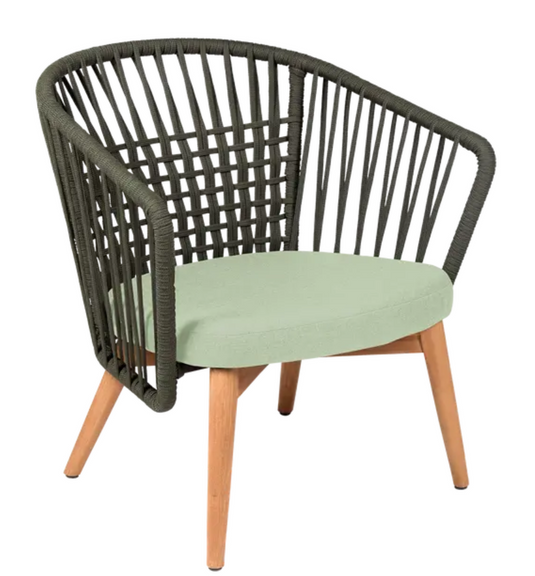 Custom Wood Designs GORDES outdoor teak armchair with low armrests, featuring khaki, aqua, and green cushions and teak rope accents.