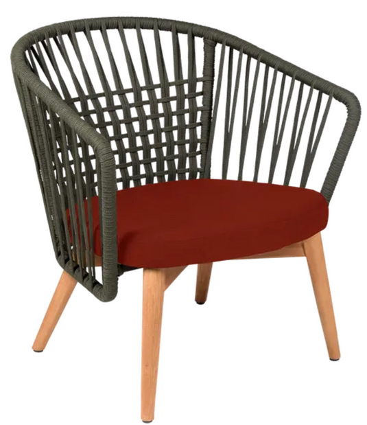 Khaki outdoor teak armchair with rope accents, low armrest design, crafted by Custom Wood Designs for comfortable outdoor lounging.