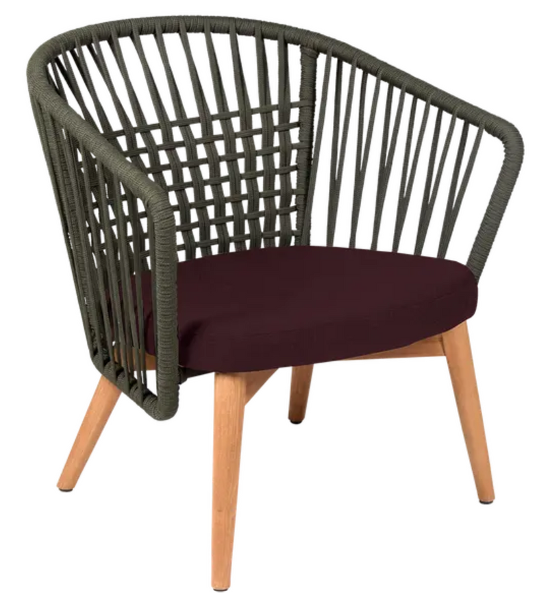 Load image into Gallery viewer, Outdoor GORDES teak armchair with low armrests, woven teak rope design, ideal for lounging in outdoor spaces.

