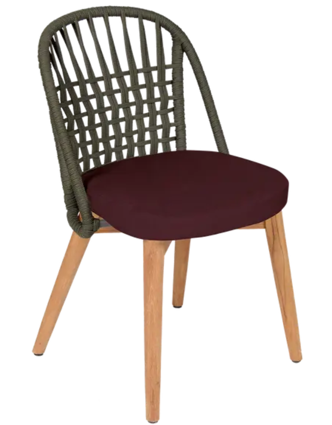 Load image into Gallery viewer, Fermob GORDES luxury teak outdoor chair with khaki cushion and garnet rope backrest, perfect for stylish outdoor dining.
