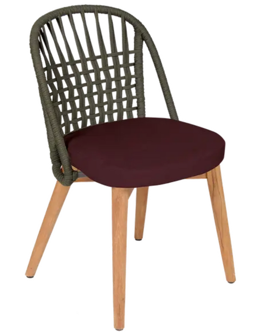 Fermob GORDES luxury teak outdoor chair with khaki cushion and garnet rope backrest, perfect for stylish outdoor dining.