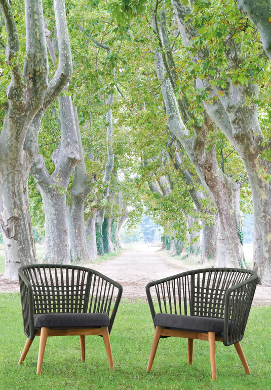 Outdoor GORDES Low Armchair by Custom Wood Designs in teak with night grey cushions and teak rope design for outdoor relaxation.