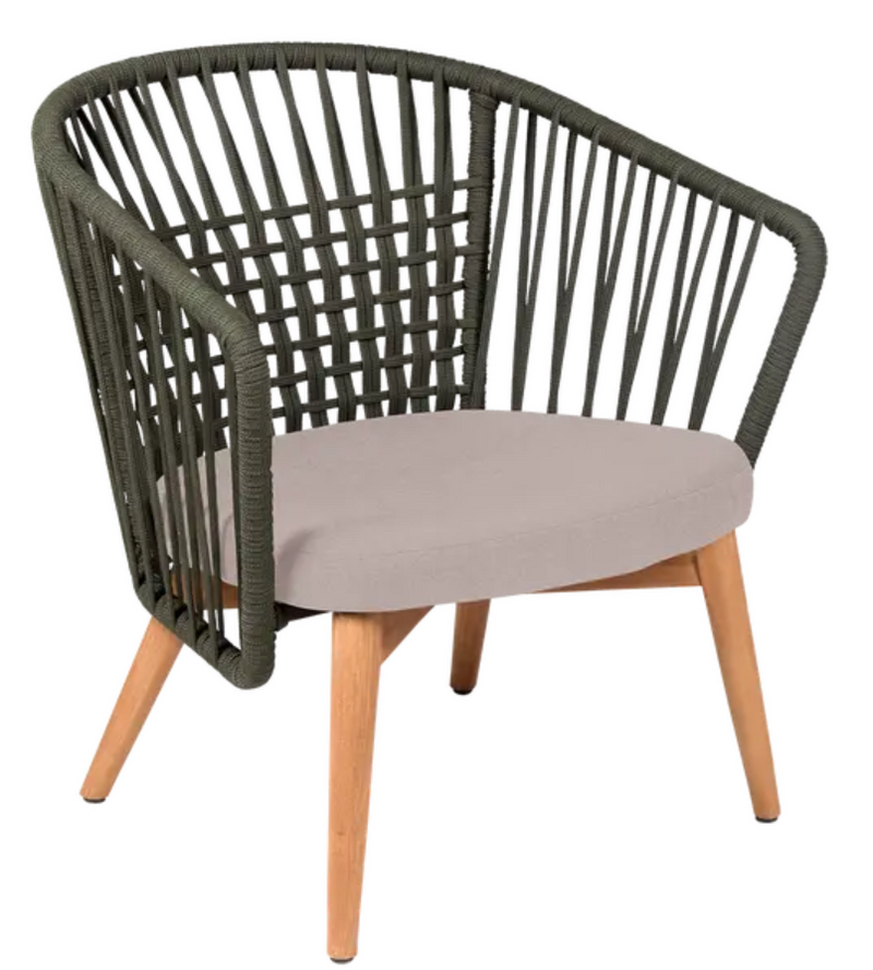 Load image into Gallery viewer, GORDES outdoor teak armchair with low profile and khaki papyrus cushion, featuring teak rope design for stylish outdoor seating.

