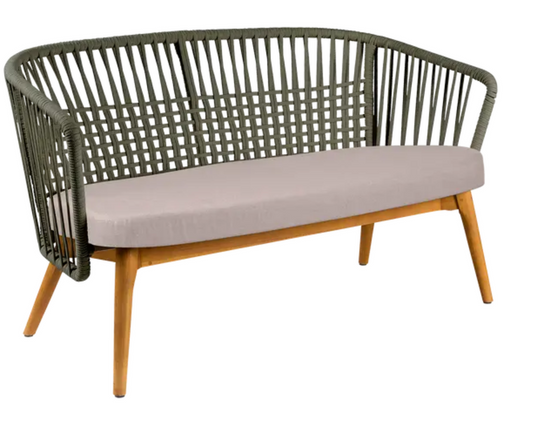 Fermob GORDES 2-Seater Teak Outdoor Sofa with khaki Papyrus plain weave, perfect for stylish outdoor lounging.