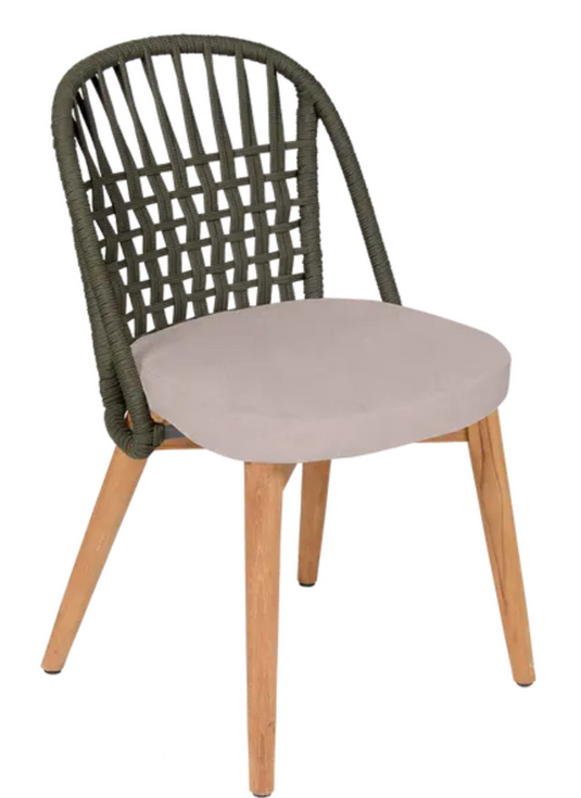 Fermob GORDES luxury teak outdoor chair with khaki Papyrus finish and rope backrest for stylish patio seating.