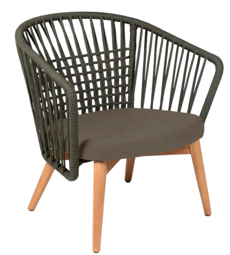 Load image into Gallery viewer, Outdoor GORDES low armchair by Custom Wood Designs featuring teak frame, khaki sisal and brown teak rope design for lounging.
