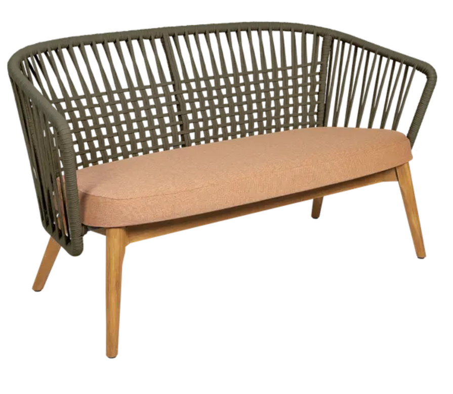 Fermob GORDES 2-Seater Teak Outdoor Sofa with khaki and terracotta acrylic textured cushions, suitable for outdoor patio seating.