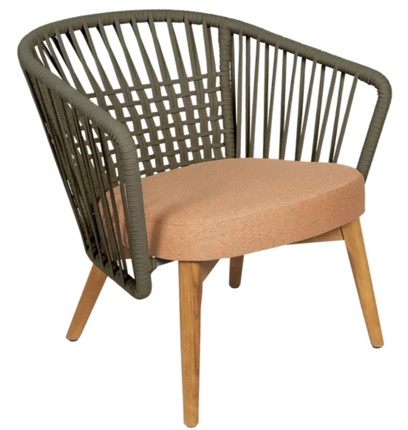Load image into Gallery viewer, Outdoor teak armchair by Custom Wood Designs with khaki and terracotta cushions, featuring a teak rope design for outdoor lounging.
