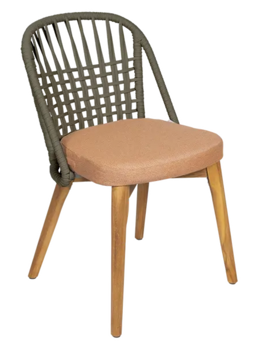 Fermob GORDES luxury teak outdoor chair with terracotta khaki rope backrest, ideal for stylish restaurant or outdoor settings.