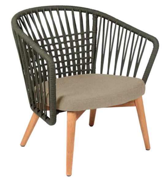 Khaki teak outdoor armchair with woven rope design from Custom Wood Designs, ideal for relaxing outdoor lounge spaces.