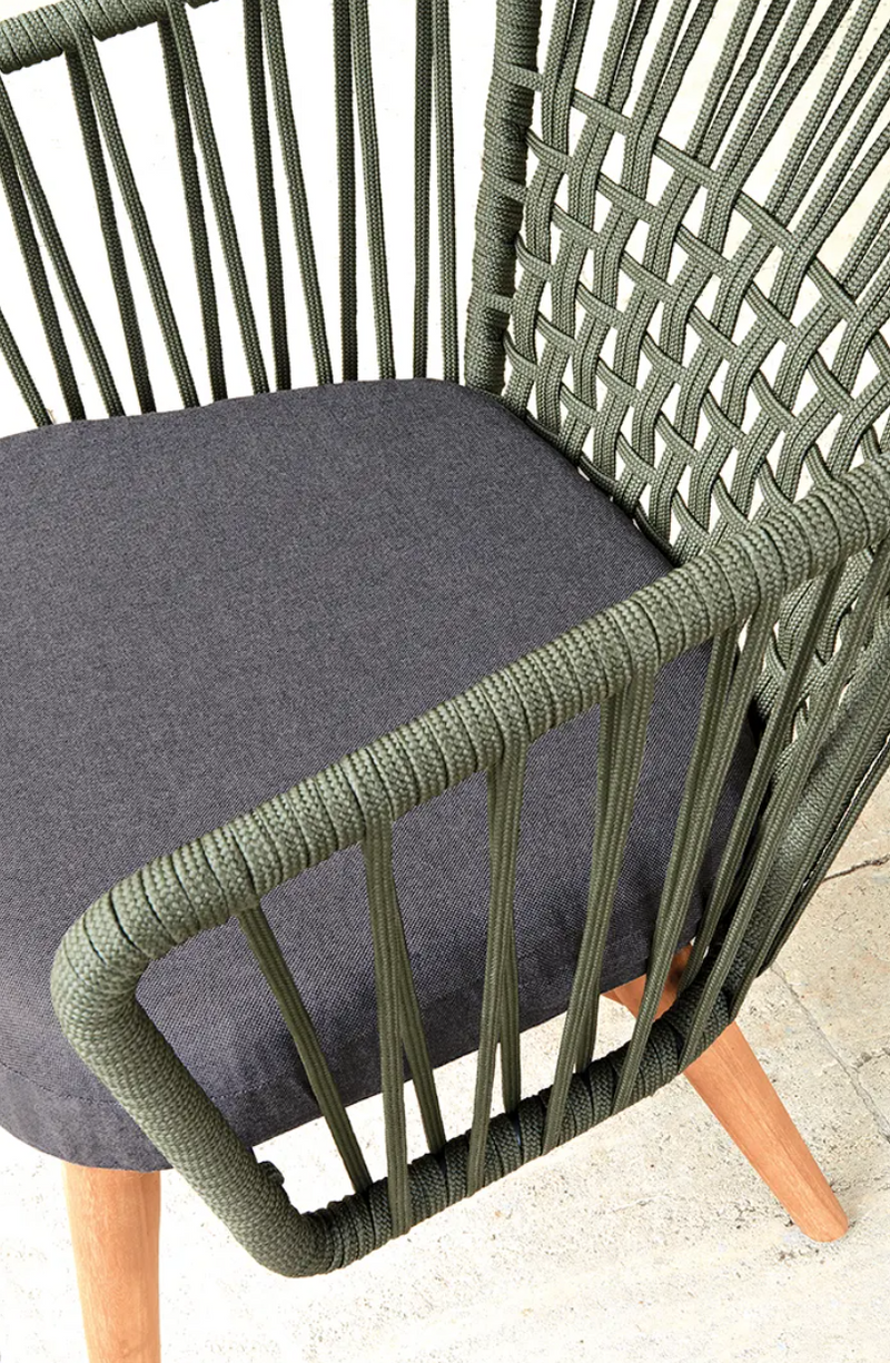 Load image into Gallery viewer, Khaki GORDES outdoor teak armchair with woven rope design, featuring a low profile and comfortable lounge style by Custom Wood Designs.

