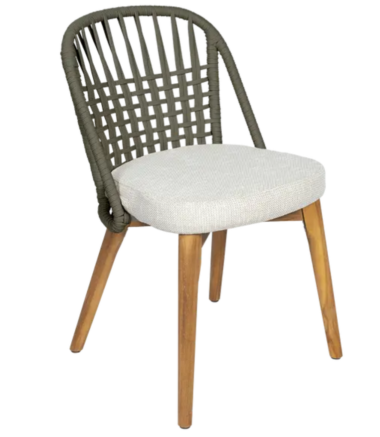 Load image into Gallery viewer, Fermob GORDES luxury teak outdoor chair with khaki wicker and green rope backrest, designed for stylish outdoor dining.
