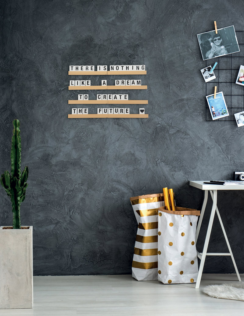 Load image into Gallery viewer, Securit Wall Board - Letter Shelf - Teak 2,5x25x1cm - Pack of 6 - in use

