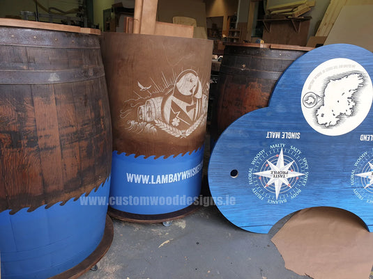 Our Unique Display Stands for Lambay Whiskey with UV Printed Tops
