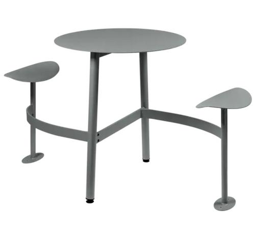 Fermob BOLDER 2-seater round outdoor table with integrated seating, grey metal garden furniture for outdoor patio or garden space
