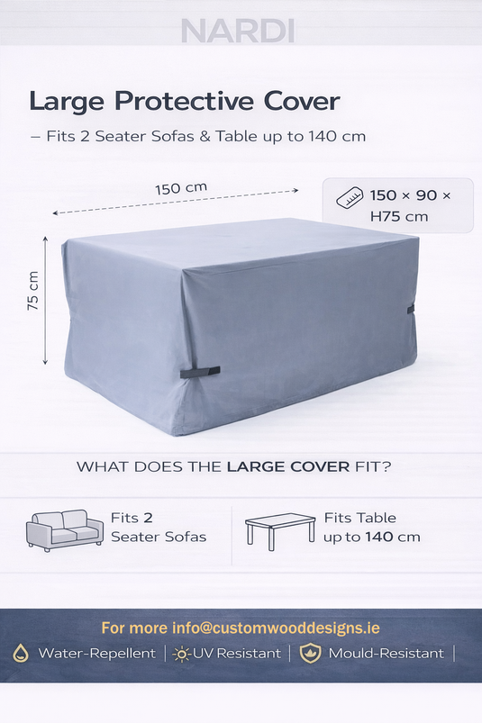 Large Nardi Komodo outdoor furniture cover protecting a sofa and table set, made of durable material in a natural outdoor setting.