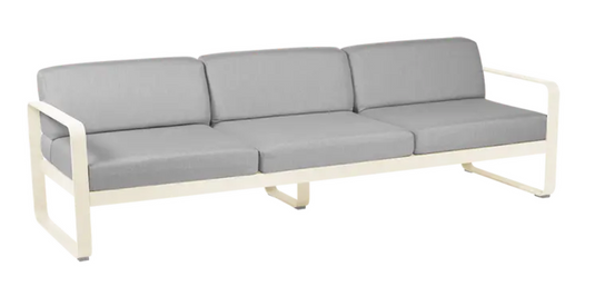 Bellevie 3-seater outdoor sofa by Fermob with latte beige, grey taupe fabric and metal frame, suitable for outdoor contract furniture.