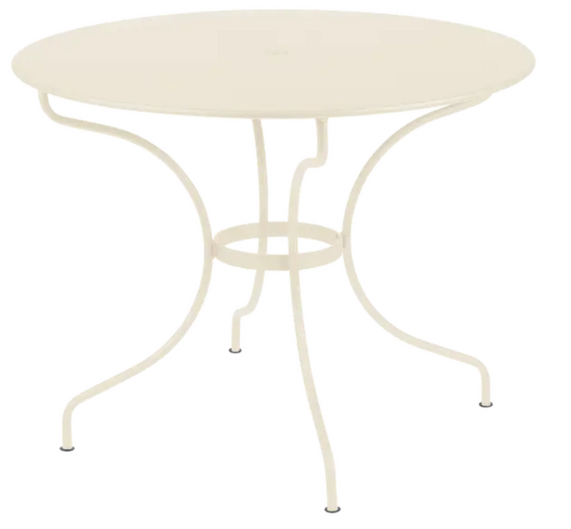 Load image into Gallery viewer, Fermob OPÉRA+ outdoor metal table in latte beige with a 96 cm diameter, suitable for five-seater patio dining.
