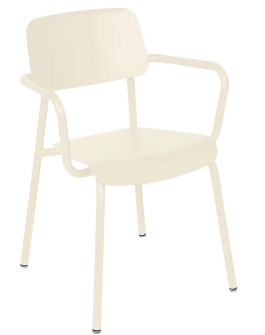 Latte beige Fermob Studie armchair, stackable indoor contract dining and office chair with modern design.