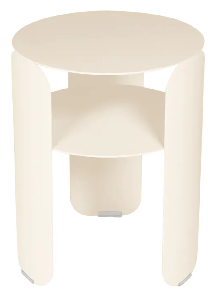 Load image into Gallery viewer, Fermob Bebop Side Table in latte beige with 35cm diameter, outdoor metal offset table with anthracite accents.
