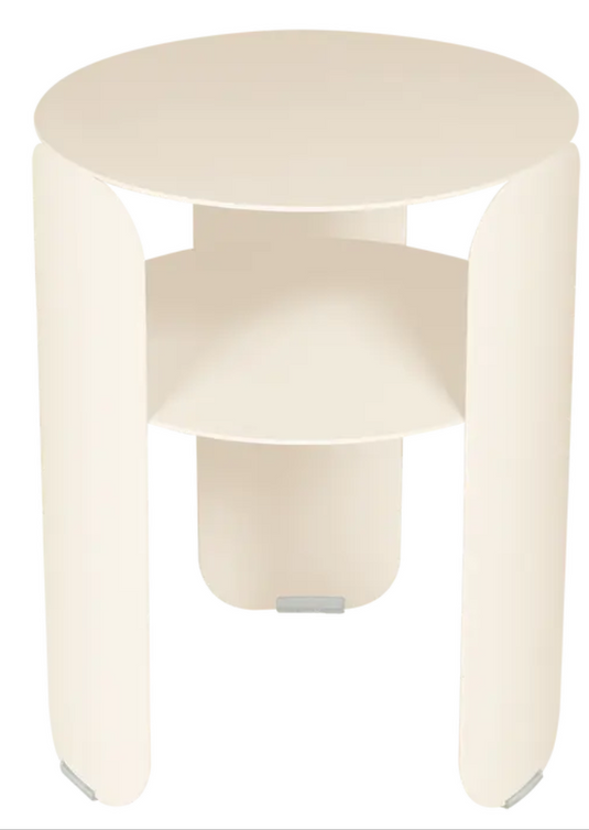 Fermob Bebop Side Table in latte beige with 35cm diameter, outdoor metal offset table with anthracite accents.