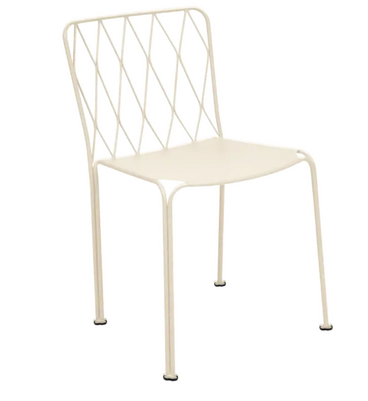 Stackable Fermob outdoor metal chair in Latte Beige, designed for patio or restaurant outdoor furniture, showcasing a sleek metal design.