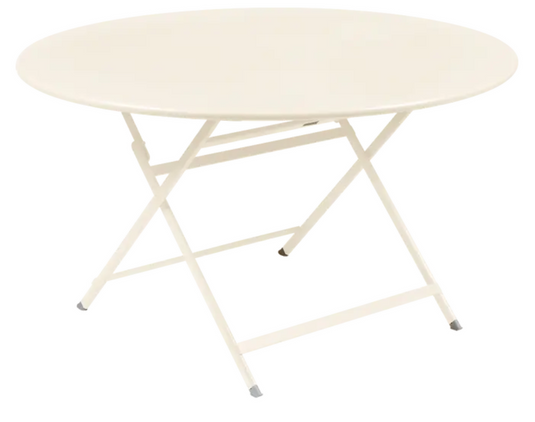 Fermob Caractère foldable metal table, 128 cm diameter, eight-seater with latte finish, shown in a foldable position for easy storage.