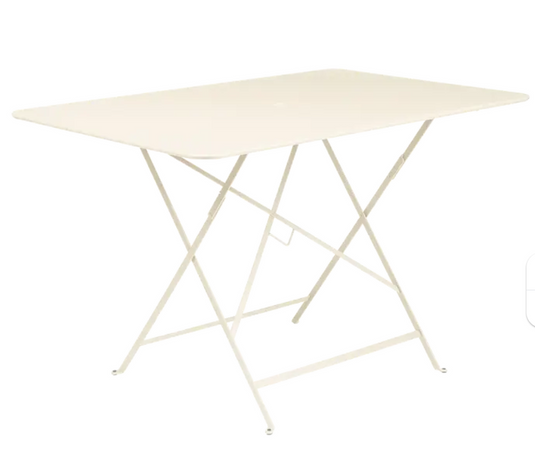 Latte beige Fermob foldable bistro table, 117 x 77 cm, outdoor metal furniture with a sleek, compact design for versatile use.