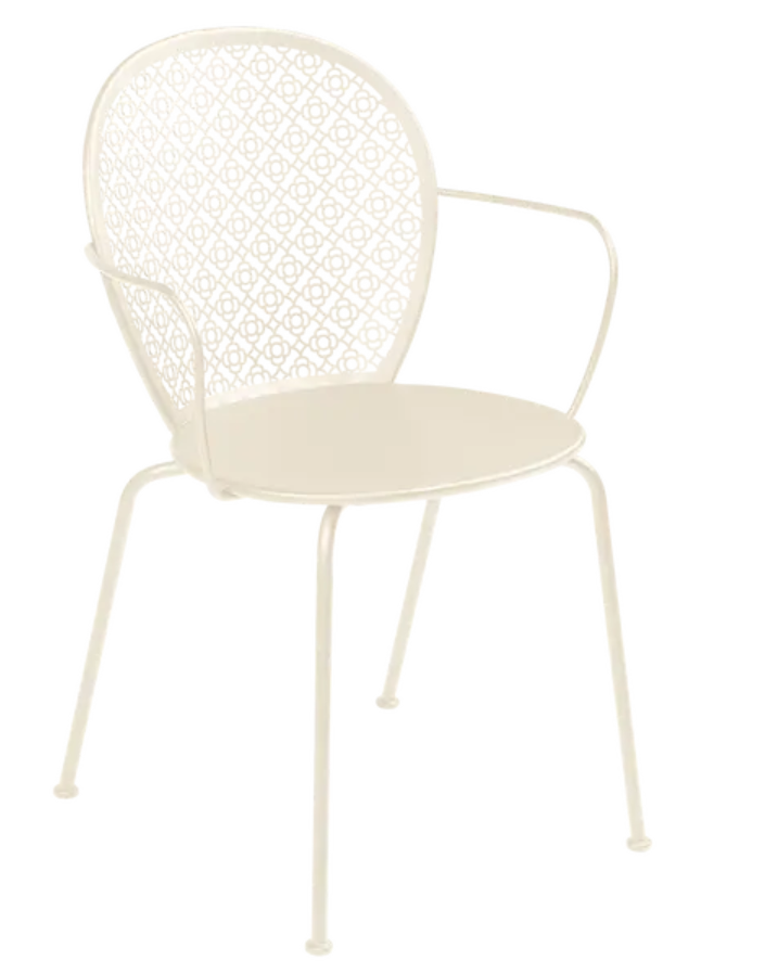 Load image into Gallery viewer, Latte beige Fermob Lorette outdoor metal armchair with curved armrests, stylish and durable for garden or patio use
