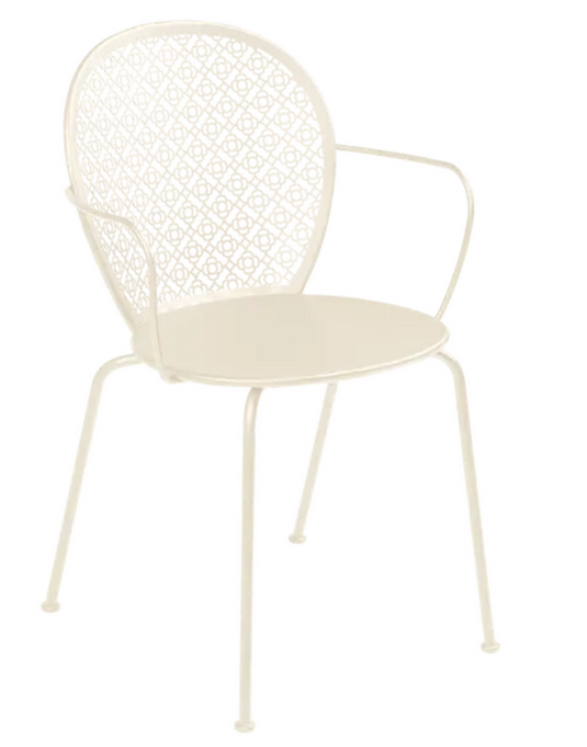 Latte beige Fermob Lorette outdoor metal armchair with curved armrests, stylish and durable for garden or patio use
