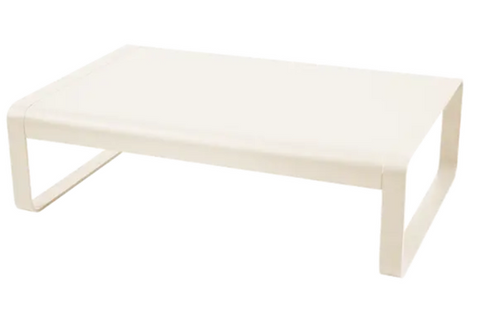 Latte beige Fermob Bellevie low lounge table, 103x75 cm, outdoor metal coffee table with sleek design and sturdy construction.