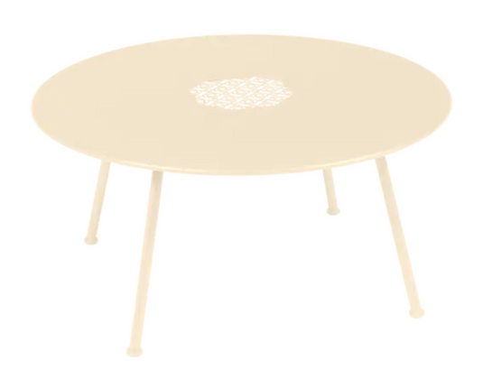 Fermob Lorette low coffee table in beige with metal construction and white finish, outdoor design, 80cm diameter.