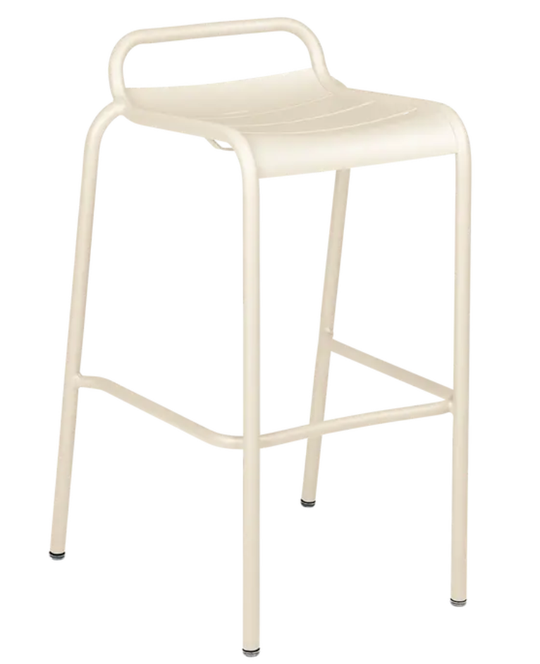Load image into Gallery viewer, Latte beige Fermob Luxembourg bar stool with a sleek outdoor design, ideal for restaurant or home bar areas.
