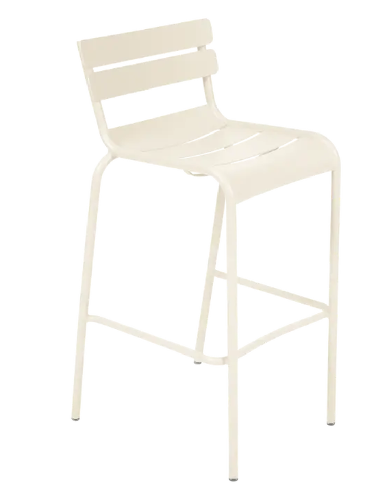 Load image into Gallery viewer, Latte beige Fermob Luxembourg bar armchair with metal frame, designed for pub or bar seating, featuring a stylish and comfortable design.
