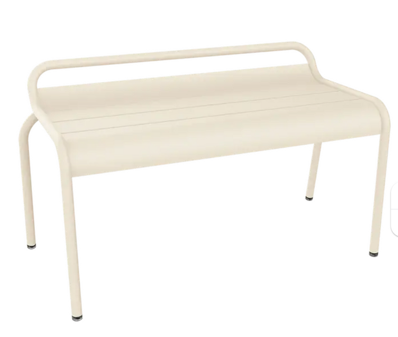 Load image into Gallery viewer, Latte beige Fermob Luxembourg stackable outdoor bench, 90 cm wide, metal hall-side furniture with a sleek, modern design.
