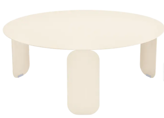 Fermob Bebop Low Outdoor Coffee Table in beige with an 80cm round top, designed for outdoor use.