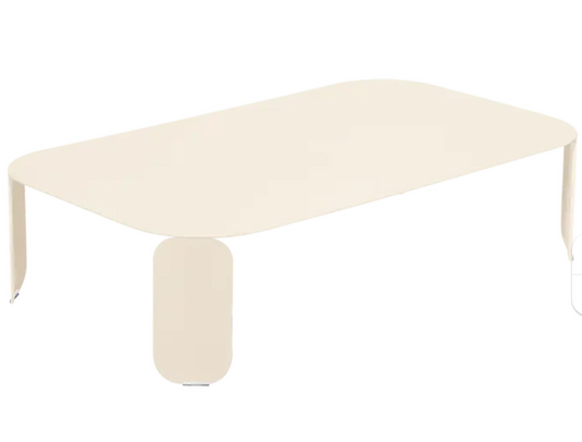 Latte beige Fermob Bebop low outdoor table, 120x70 cm with 42 cm height, modern garden furniture for outdoor spaces.