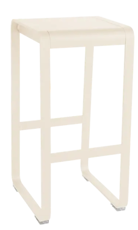 Load image into Gallery viewer, Fermob Bellevie high bar stool with latte-colored seat and sleek metal legs, ideal for outdoor or bar area seating.

