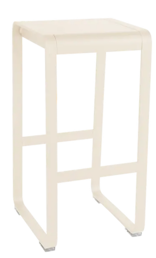 Fermob Bellevie high bar stool with latte-colored seat and sleek metal legs, ideal for outdoor or bar area seating.